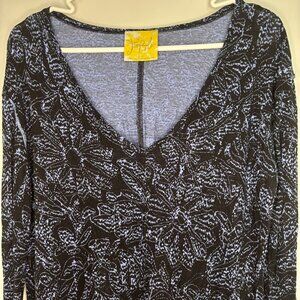 FREE PEOPLE Top Women XS Black Blue V-Neck Linen Blend Ruched Long Sleeve Hi-Lo